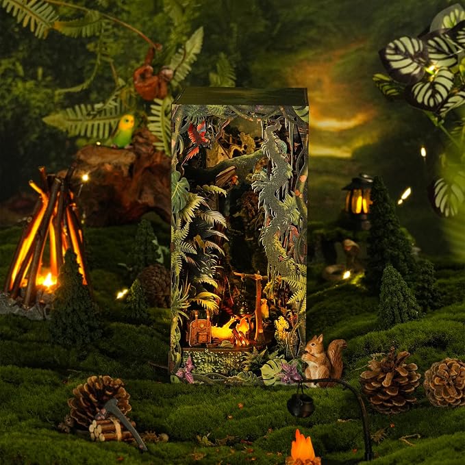 fifijoy Jungle Adventure Book Nook Kit - DIY Miniature Dollhouse Booknook for Adults, 3D Wooden Puzzle Bookend Bookshelf Decor with LED Light and Sound Effects, Creative Gift for Family, Friends