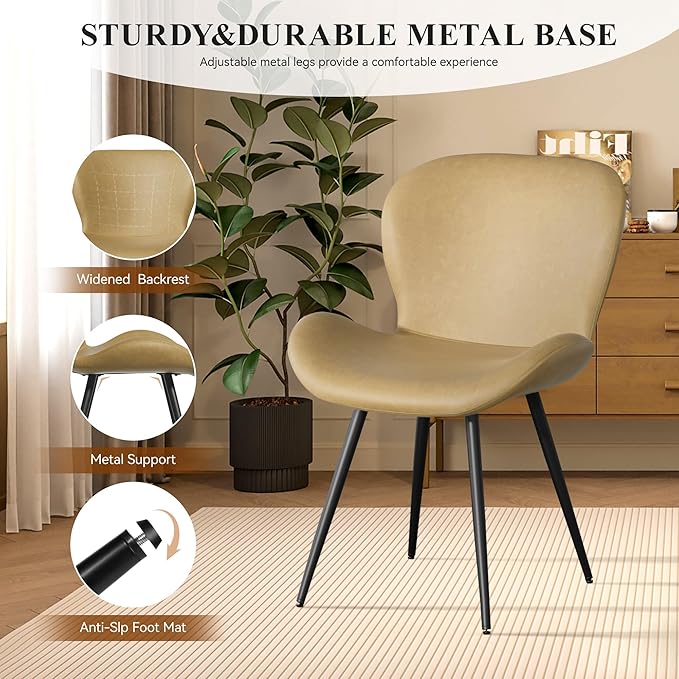 Nalupatio Dining Chairs Set of 2, Modern Dining Room Chairs Comfy Backrest Thick Upholstered Kitchen Chairs 19IN Height with Metal Legs Beige（Pu Leather）