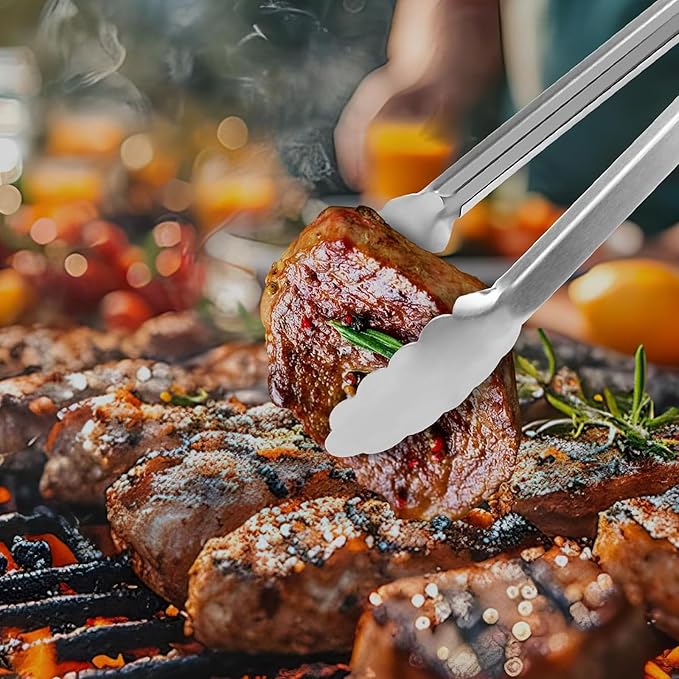 Tongs for Cooking, 12-Inch Stainless Steel Kitchen Tongs, Locking Metal Food with Silicone Non-Slip Grip, Kitchen Utensils for Food, Salad and Outdoor BBQ, Set of 4 (Blue)