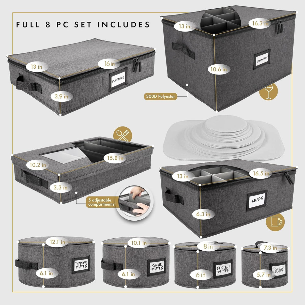 HOMELUX THEORY 5pcs Hard Shell China Storage Containers, Mug Storage Box & Plate Storage Containers, Heavy Duty Dinnerware and Coffee Cup Storage Box with Lid for Packing Dinner Plates and Glassware