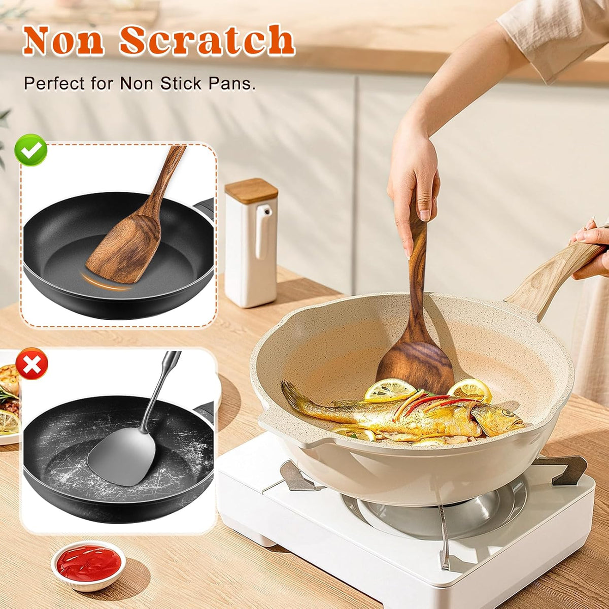 4Pcs Wooden Spoons for Cooking, Acacia Wood Kitchen Utensils Set for Nonstick Pans, Smooth Finish Cooking Utensils with Long Handle, Wooden Spatula for Cooking, Mixing, Baking