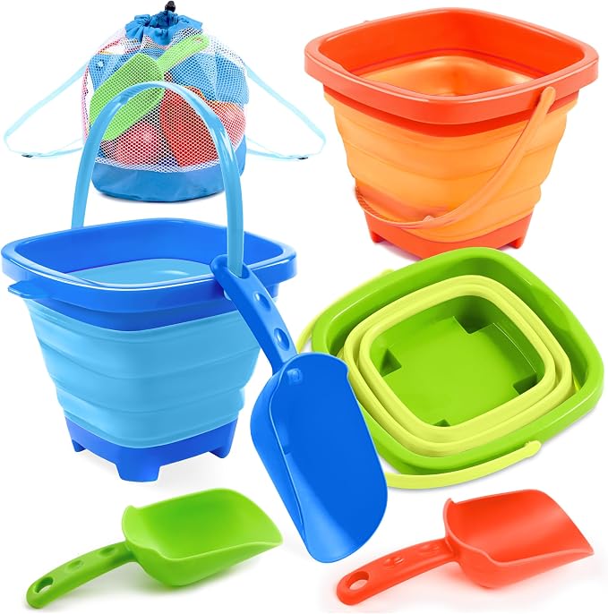 Sloosh 3-Pack Collapsible Sand Toys - Square Foldable Pail Silicone Beach Water Bucket with 3 Shovels for Sandbox Play, Party in Summer Portable Toddler Kids Toys Beach Travel (Orange/Blue/Green)