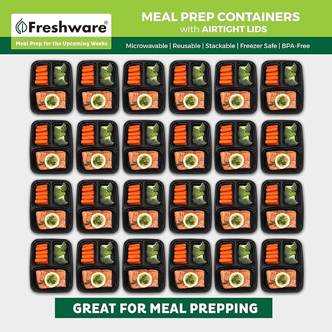 Freshware Meal Prep Containers [150 Pack] 3 Compartment with Lids, Food Storage Containers, Bento Box, BPA Free, Stackable, Microwave/Dishwasher/Freezer Safe (24 oz)