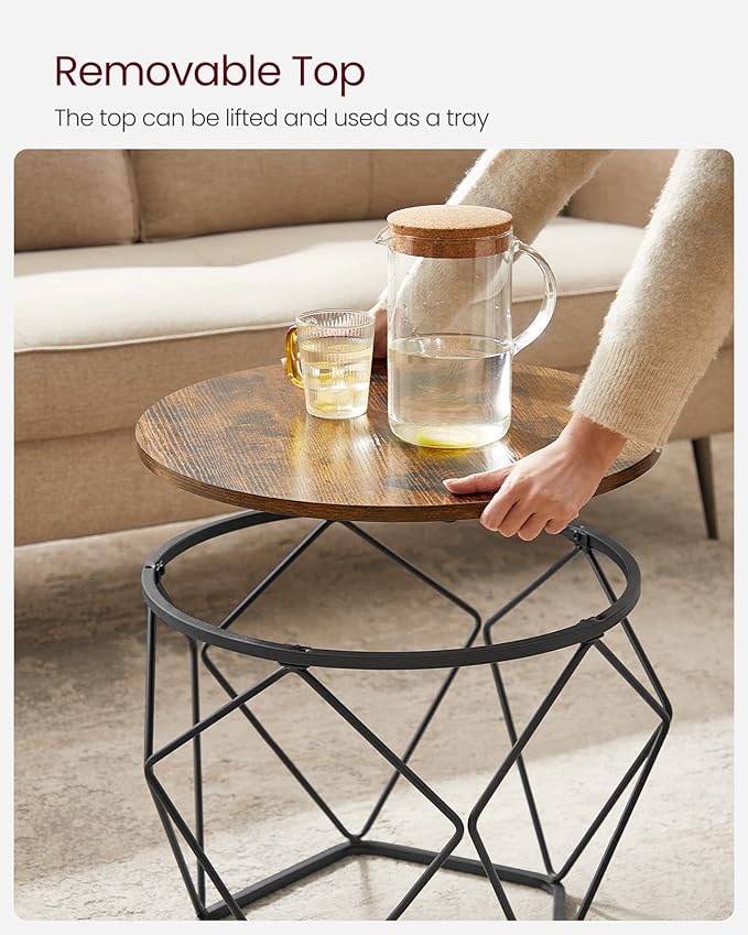 VASAGLE Small Coffee Table Set of 2, Round Coffee Table with Steel Frame, Side End Table for Living Room, Bedroom, Office, Rustic Brown and Ink Black