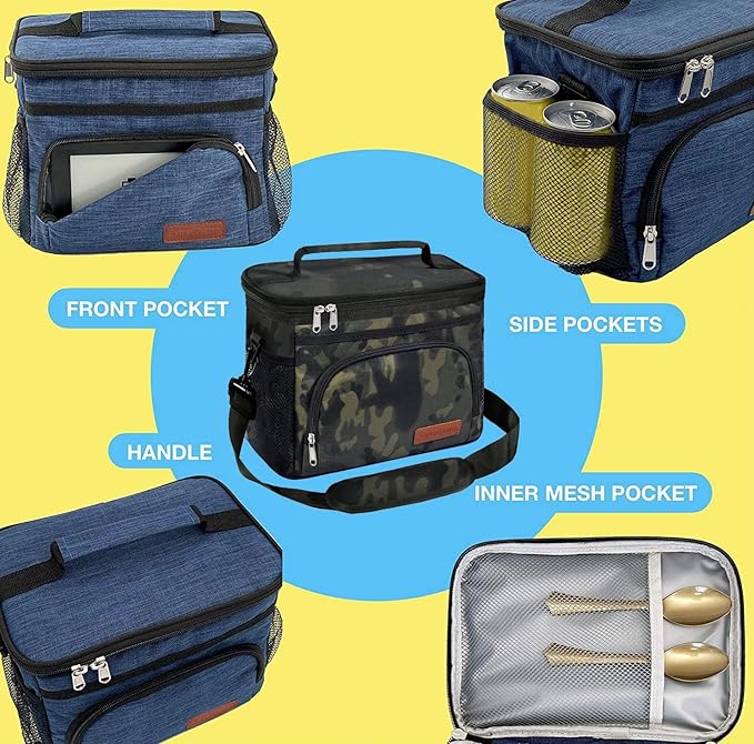 ExtraCharm Insulated Lunch Bag for Women/Men - Reusable Lunch Box for Office Picnic Hiking Beach - Leakproof Cooler Tote Bag Organizer with Adjustable Shoulder Strap for Adults-Black Camo