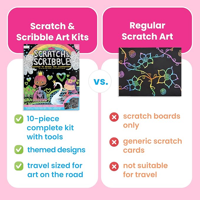 Ooly Scratch & Scribble Travel Crafts for Kids – 1pc Art Kit, Portable Car & Airplane Activity, 8 Scratch Cards + Wooden Stylus + Stickers, Ages 6+ – Unicorns
