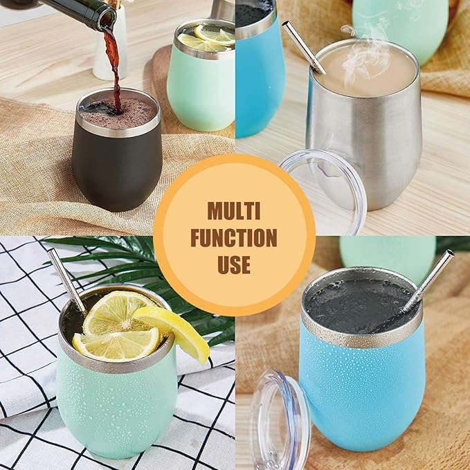 Amtidy 12 Pack Powder Coated Stainless Steel Tumbler with Lid,Equipped with straw and straw brush，12 oz Double Wall Vacuum Insulated Travel Tumbler Cup for Coffee, Wine, Cocktails