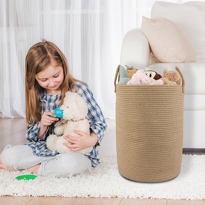 Cotton Rope Laundry Basket Hamper for Clothes Woven Storage Basket for Living Room Bedroom Boho Tall Rope Baskets for Blanket Toys Pillow Towels Baby Nursery Hamper Bin Large jute
