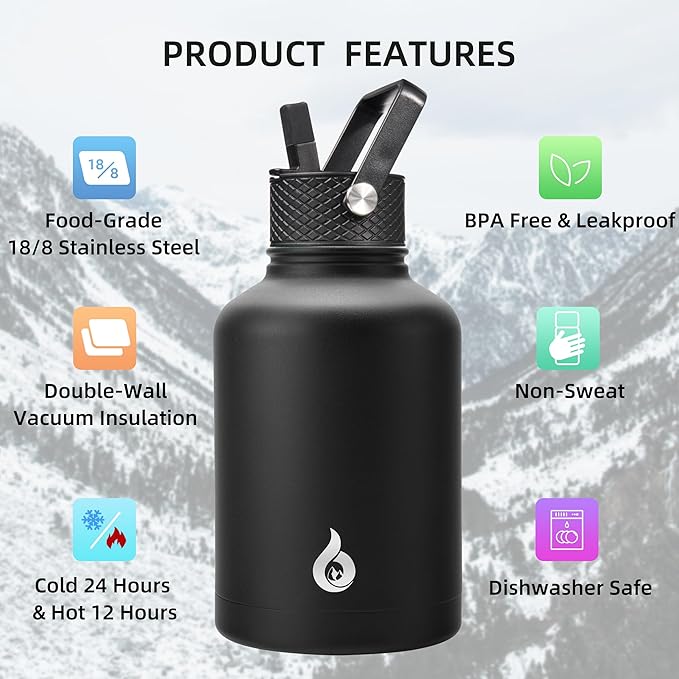 BJPKPK Insulated Water Bottles with Straw Lid, 50oz Large Water Jug, Stainless Steel Vacuum Bottles, Hot & Cold Thermo with 3 Lids and Paracord Handle, Black