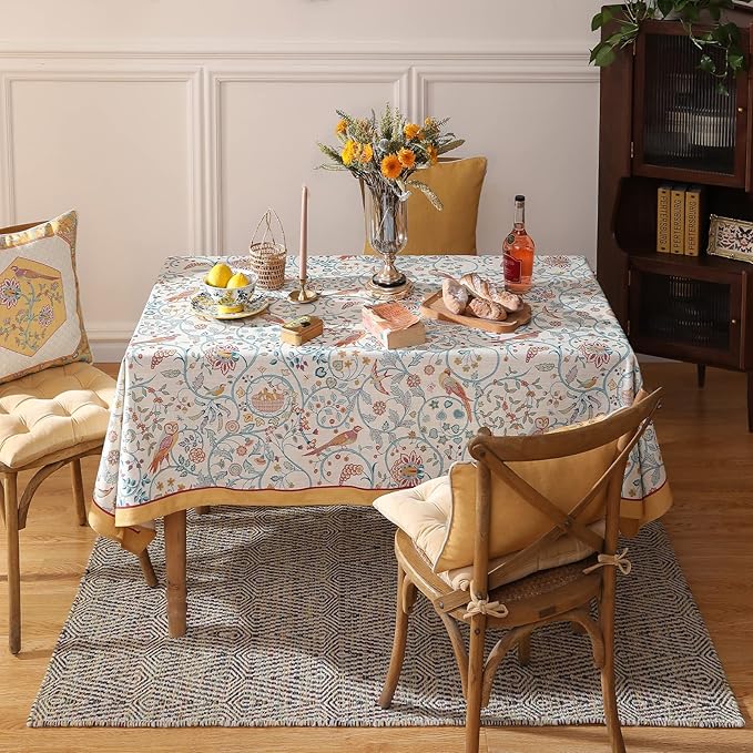 patdrea Designer Vintage Square Table Cloth,Yellow Linen Floral Birds Pattern Colorful Tablecloths,Decorative Table Cover for Kitchen Dining Banquet,Christmas,Thanksgiving,67"x67"-Magnolia