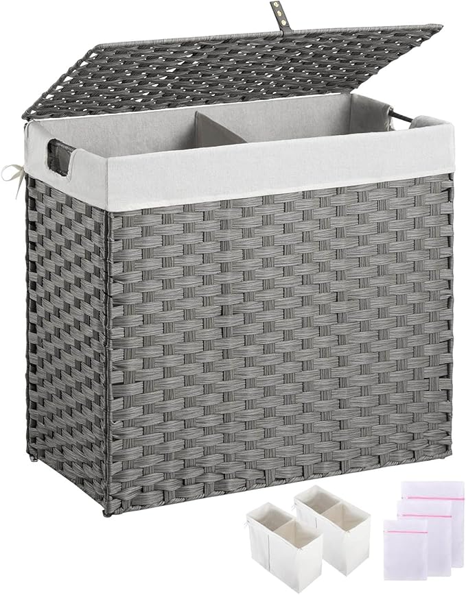 Greenstell Laundry Hamper with lid, No Install Needed, 130L Wicker Laundry Baskets Foldable 2 Removable Liner Bags, 2 Section Clothes Hamper Handwoven Rattan Laundry Basket with Handles, Gray