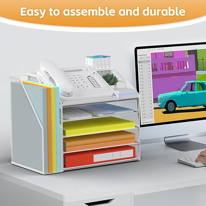DocNest 5 Tier Paper Letter Tray File Organizer, Mesh Desk File with Handle, Workspace Desk Organizers with Pen Holder, Office Organization Storage Accessories - White