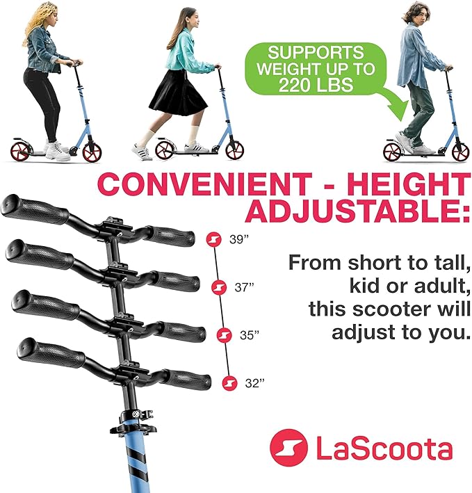 LaScoota Kick Scooter for Kids Ages 6+, Teens & Adults, Large 8" Sturdy Urethane Wheels. Adjustable Handlebar, Lightweight, Foldable, 220lbs Max Load
