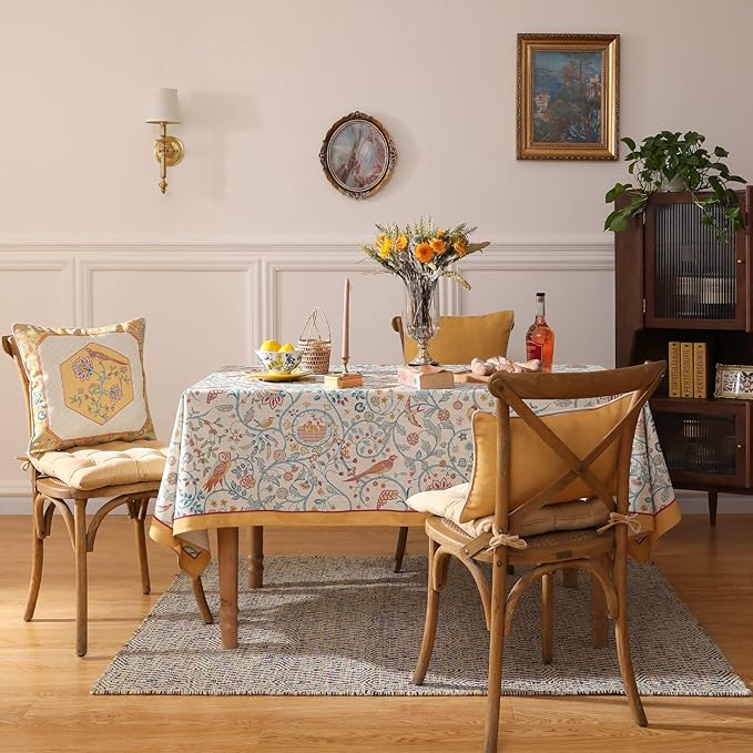 patdrea Designer Vintage French Rectangular Tablecloth,Floral Birds Pattern Linen Table Cloth,Fall Yellow Decor Table Cover for Kitchen Dining Banquet,Christmas,Thanksgiving,55"x79"-Magnolia