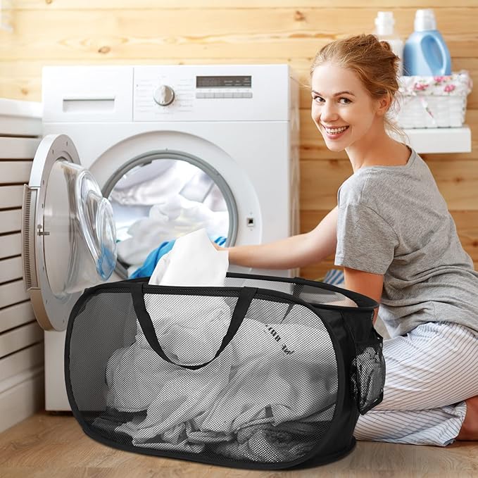 4 Pack Durable Collapsible Laundry Baskets, Mesh Foldable Laundry Basket, Pop Up Laundry Hamper with Pocket, Clothes Hamper with Reinforced Handles for Laundry, Bathroom, Kids Room, Dorm or Travel