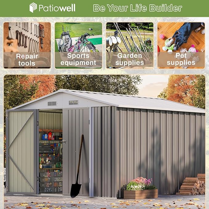 Patiowell 8x10 FT Outdoor Storage Shed, Large Garden Tool Metal Shed with Sloping Roof and Double Lockable Door, Outdoor Sheds for Backyard Garden Patio Lawn,Grey