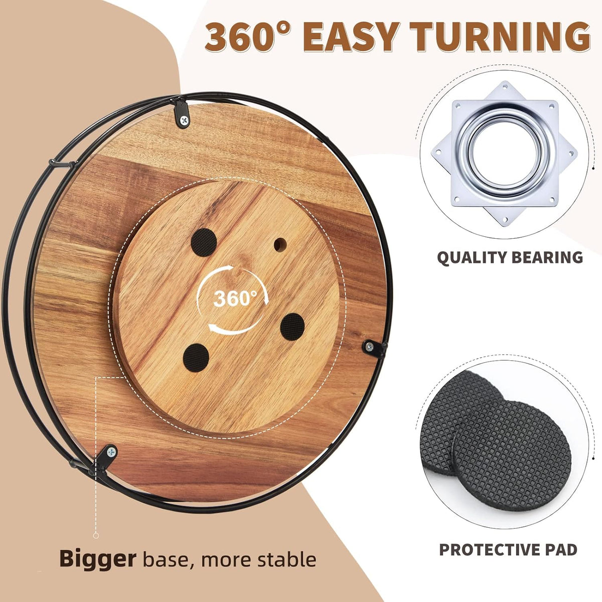 10" Acacia Wood Lazy Susan Turntable, Tomoaza Kitchen Organizer Turntable with Steel Sides, 360 Degree Lazy Susan for Countertop Cabinet or Dining Table (Black)