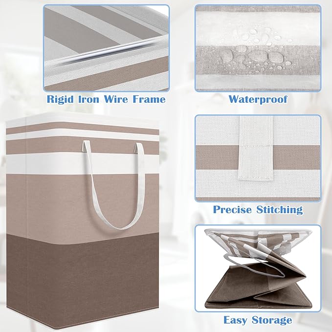 BlissTotes 3-Pack Laundry Basket, Freestanding＆Waterproof Laundry Hamper, Collapsible Tall Clothes Hamper with Easy Carry Handles for Clothes, Towels in the Family and Dorm,Gradient Khaki,75L