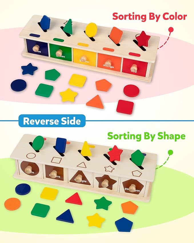Coogam Montessori Toys Wooden Color Shape Sorting Box Game Geometric Matching Blocks Early Learning Educational Toy Gift for 3 4 5 Year-Old Baby Toddlers