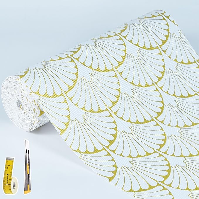 Shelf Liners Non Adhesive Gold Background White Fan-Shaped Pattern - Thickened Non-Slip Easy to Clean Drawer Liner for Kitchen Cabinets, Tool Box,Refrigerator,with Knife & Tape Measure,17in x 30FT.