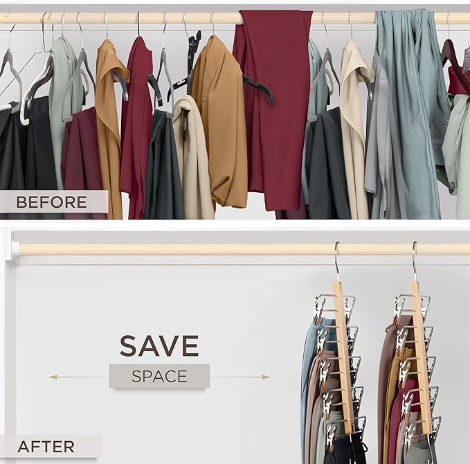 MORALVE Skirt Hangers Space Saving with Clips - 2 Pack - European Beechwood 5-Tier Hanger for Shorts, Skirts, and Pants - Closet Organizer and Storage Solution for Women with 360° Swivel Hook