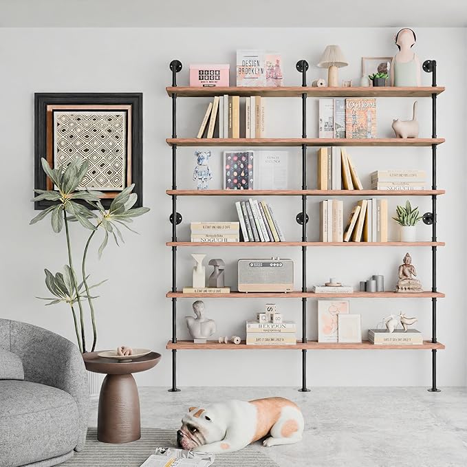 Industrial Ladder Shelf Bookcase, Wall Mounted Rustic Bookshelf, Retro Wood Metal Pipe Industrial Shelves for Living Room(Weathered Brown, 6 Tier - 10" D x 70" W x 82.5" H)