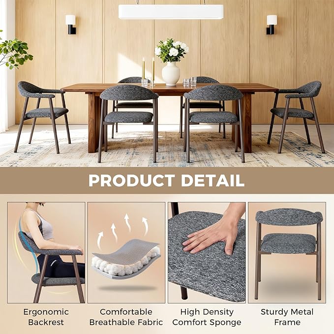 DUMOS Dining Chairs Set of 2, Linen Fabric Upholstered Kitchen Side Chairs with Curved Backrest & Metal Legs, Modern Farmhouse Accent Chairs for Dining Room Kitchen Living Room Cafe, Gray