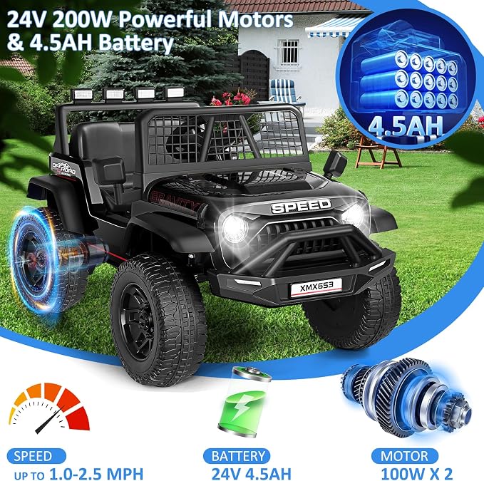 Hikole 24V Kids Ride on Car with Parent Remote Control, Electric Truck Car Toys for Toddler Boys Girls Ages 3-8, Spring Suspension, Safety Belt, Music Player, 3 Gear Shift, LED Light, Black