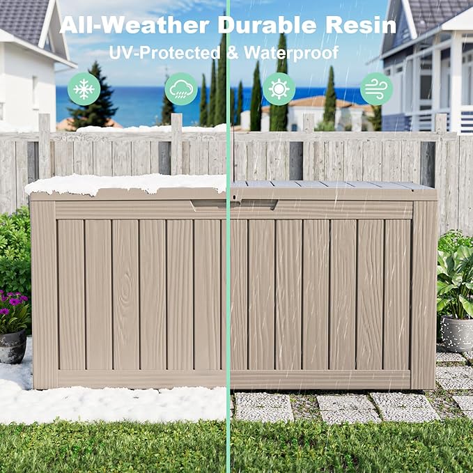75 Gallon Outdoor Deck Box,Waterproof Resin Outdoor Storage Boxes, Outside Storage Lockable Container for Garden Tools,Indooor Cushions,Accessories (Grey)