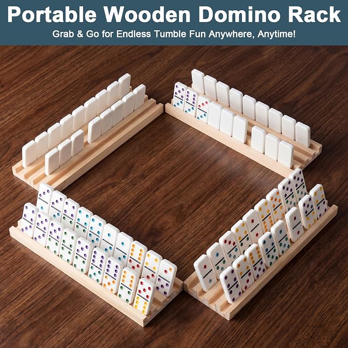 Soulchen Natural Wood Color Wooden Domino Racks Set of 4, Wood Domino Tiles Trays Holders Organizer for Mexican Train Classic Board Accessories, Dominoes Not Included (12 x 3.6 Inch)