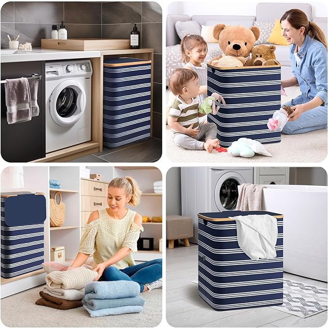 BALEINE Laundry Hamper with Lid, Tall Laundry Baskets with Bamboo Pull Handles, Large Laundry Bin with Internal Support (18 Gal/70L, Blue Pinstripe)