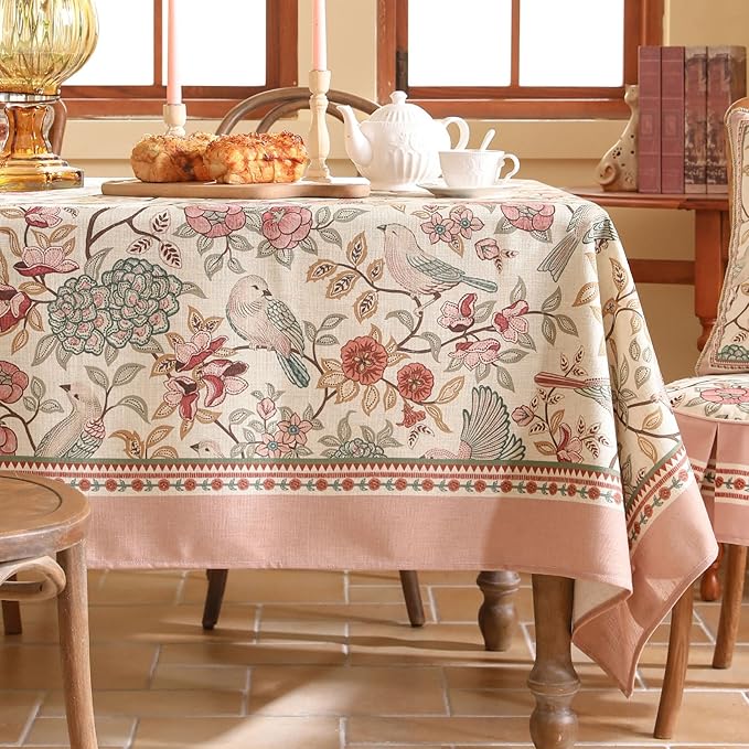 patdrea Designer Pink Linen Table Cloth for Rectangle Table,Vintage Floral with Birds Pattern Decorative Tablcloth,French Table Cover for Kitchen Dining,Thanksgiving,Christmas,63"x110"-Kulom a