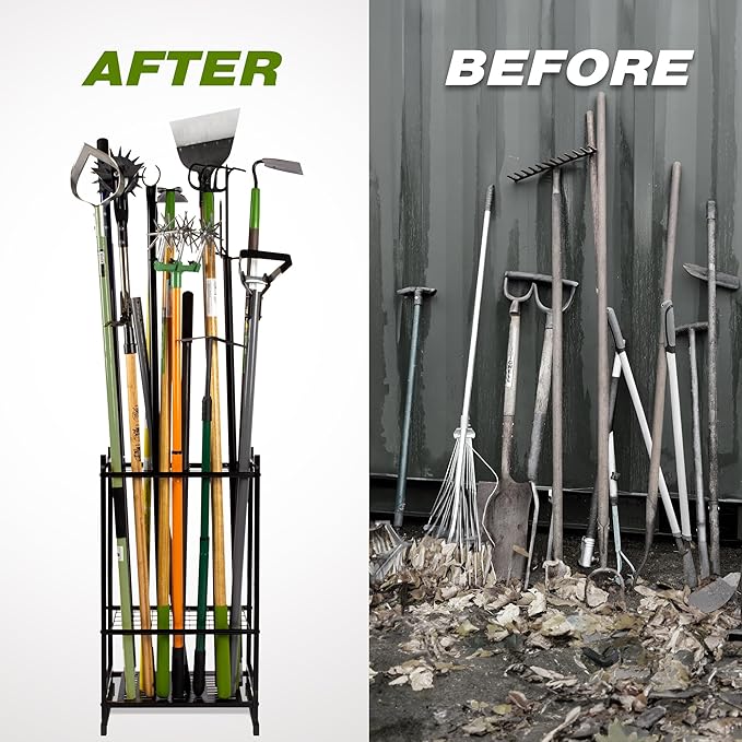 Garden Tool Organizer, Yard Tool Tower Rack for Garage Organization and Storage, Up to 35 Long-Handled Tools/Rakes/Brooms, Heavy Duty Steel Garden Tool Stand for Shed, Outdoor, Black