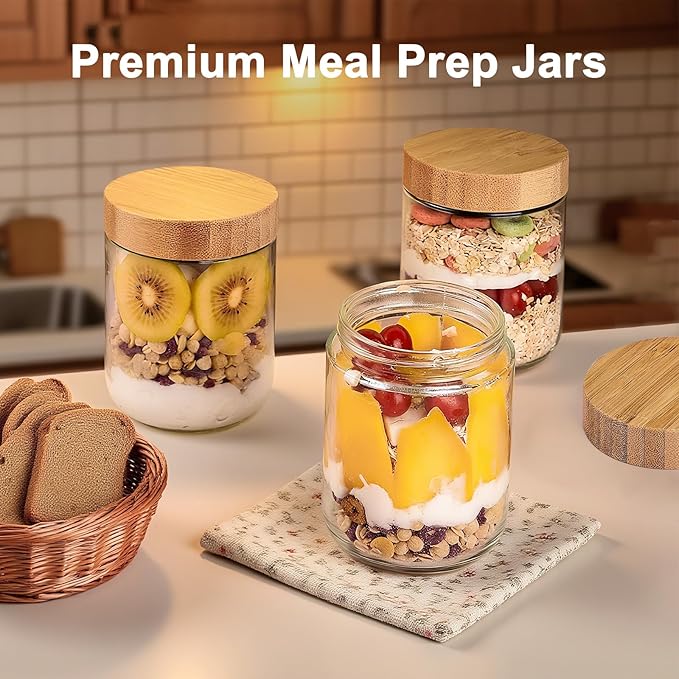 6 Pack 10oz Glass Jars with Bamboo Lids, Overnight Oats Containers with Airtight Lids, Storage Containers Wide Mouth Mason jars for Salad,Yogurt, Sugar, Snacks, Spices