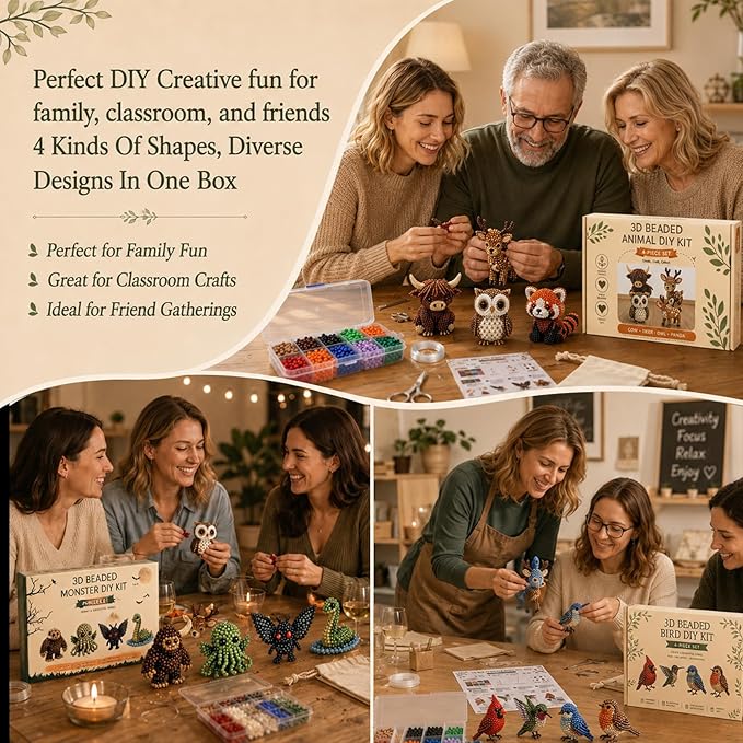 BLOWADM 4Pcs DIY 3D Animal Bead Embroidery Kit,Bird Beading Crafts with Instructions,Cute Bead Art Handmade Bird Gift for Beginners & Craft Enthusiasts