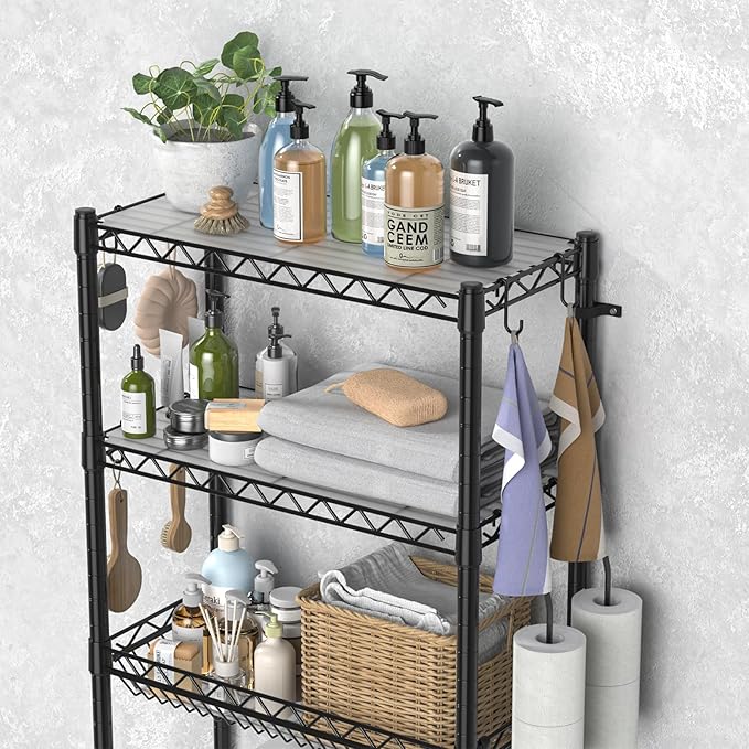 Over The Toilet Storage Shelf, Adjustable Bathroom Organizer with Toilet Paper Holder & 8 Hooks, 3 Tier Sturdy Metal Space Saver for Bathroom/Kitchen, Easy Assembly Above Toilet Shelf, Black