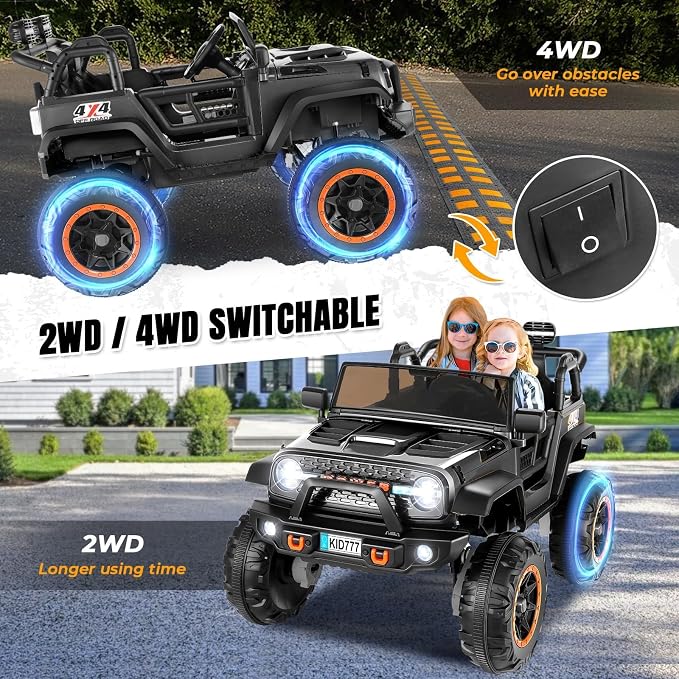 Hikole 24V Electric Ride on Truck, 2 Seater Battery Powered Truck with 20" Wide Seat, 4x100W Powerful Wheels, Music, Remote Control, LED Lights, Ride on Car for Big Kids Boys 4-8, Black