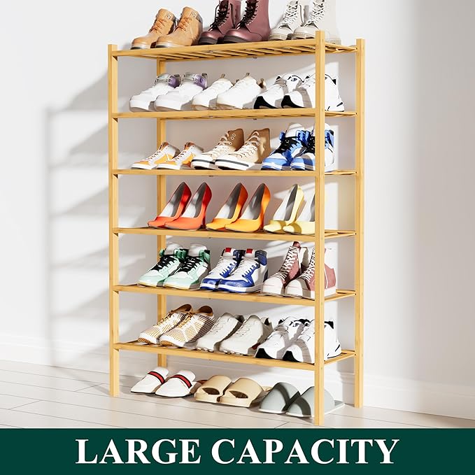 Smiry Shoe Rack, 6 Tier Bamboo Shoe Organizer, Stackable Free Standing Wooden Shoe Storage Shelf for Closet, Entryway, Front Door Entrance, Natural