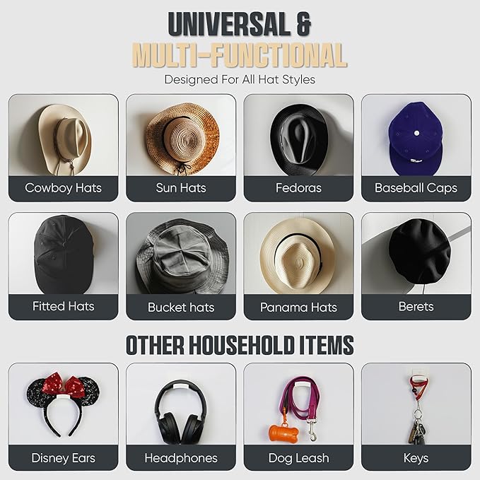 Modern JP Adhesive Hat Hooks for Wall (10-Pack) - Cowboy Hat Rack, Wide Brim Hat Organizer, Strong Hold Hat Hangers for Wall - Clear