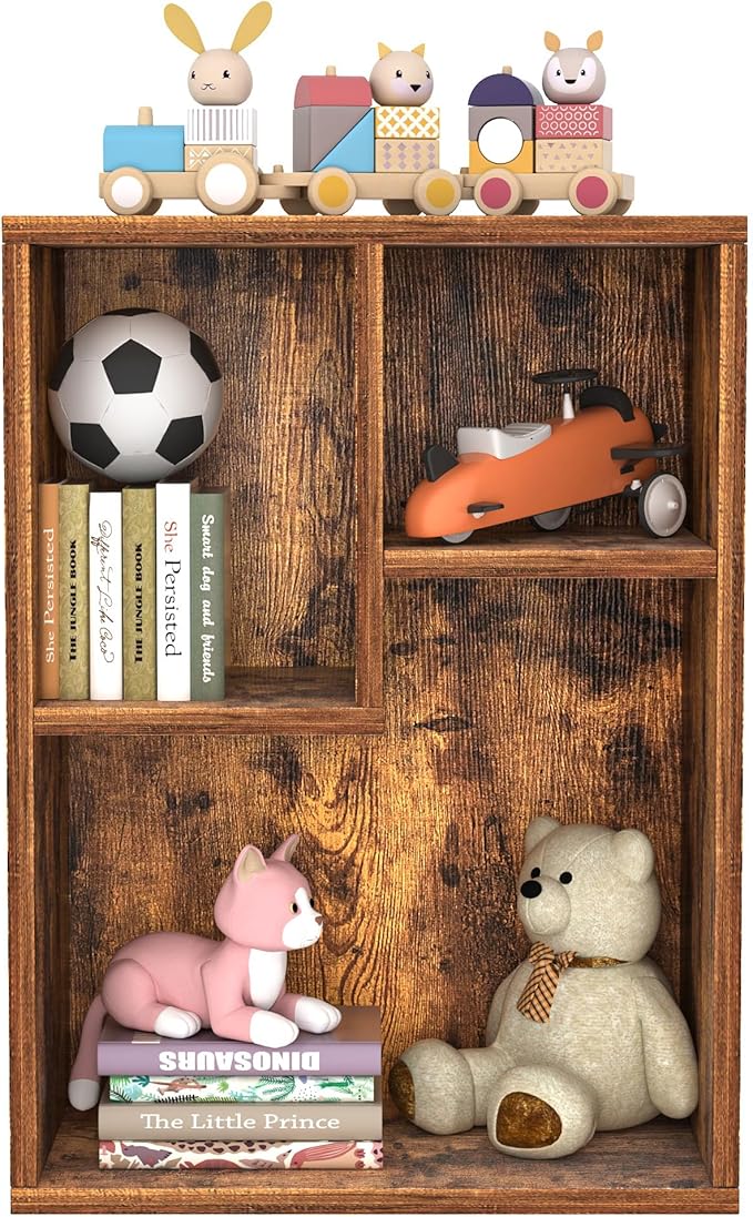 VECELO Small Bookshelf, 3 Cube Shelf, Fits Tallest Hardcovers, Horizontal Available, Short Bookcase for Small Spaces, Vintage Brown