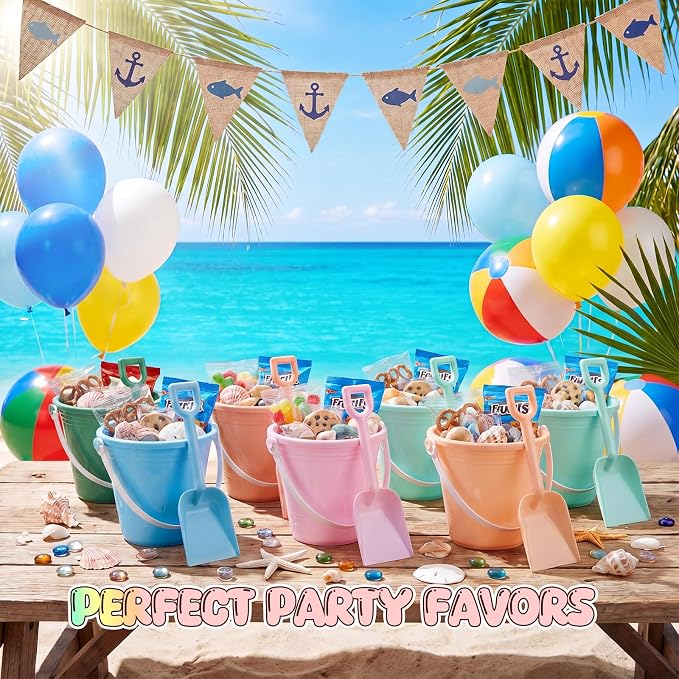 Lunmon 36 Pcs Beach Toys for Kids 12 Set Sand Buckets Shovels Bulk Pastel Beach Balls Inflatable Sand Toys for Girls Boys Toddlers Games Birthday Summer Pool Party Favor (Morandi, Vivid)