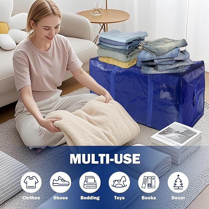 12 Pack Extra Heavy Duty Large Moving Bags with Strong Zipper & Carrying Handles, Sturdy Clothes Storage Bag Totes Bins, Packing Bags Moving Boxes College Moving Supplies, Dark Blue - 33 gal