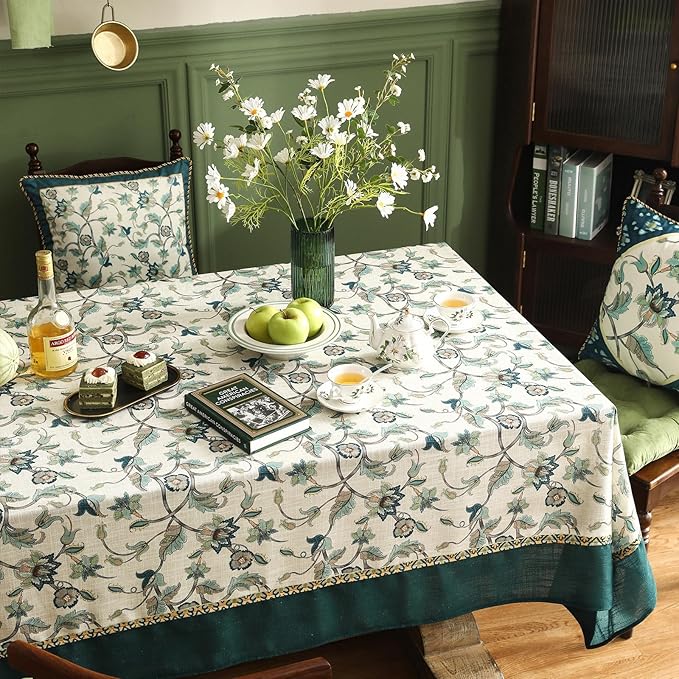 patdrea Designer Green Square Table Cloth,Vintage Floral Linen Durable Breathable French Tablecloth,Dacorative Table Cover for Kitchen Dining,Christmas,Thanksgiving,Tea Party,67"x67"-Noah