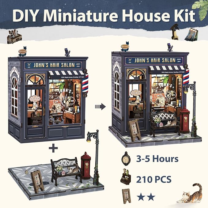 Fsolis Book Nook Kit - DIY Miniature House Kit for Adults Mini House Tiny 3D Puzzles for Bookshelf Diorama Decor Gifts for Women Teenagers Puzzle Lovers (John's Hair Salon)