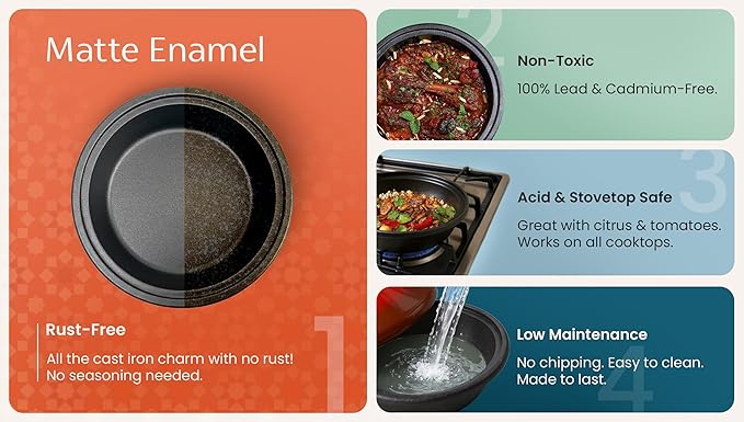 KooK Moroccan Tagine, Enameled Cast Iron Cooking Pot, Tajine with Ceramic Cone-Shaped Closed Lid, 3.3 QT, (Terracotta)