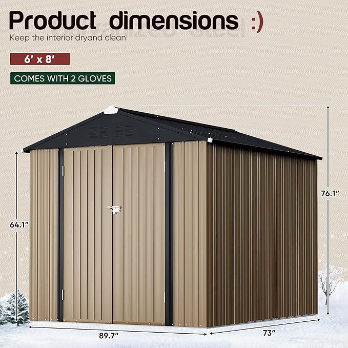 GUNJI 6 x 4 FT Shed Outdoor Storage Shed Metal Garden Shed with Lockable Door Outside Waterproof Tool Shed for Backyard, Patio, Lawn (Brown)