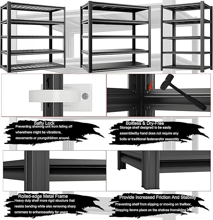 Industrial Storage Rack,Heavy-Duty Steel Shelving Unit,Multi-Purpose Garage Organization System Black 72" H x 62" W x 23.5" D 5-Tier