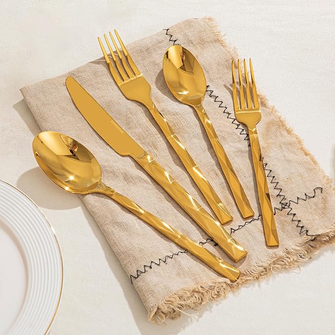 KINGSTONE Gold Silverware Set, Luxury 40 Piece Flatware Set for 8, 18/10 Stainless Steel Cutlery Set with Diamond Cut Pattern for Kitchen, Home, Wedding, Party, Mirror Polished and Dishwasher Safe