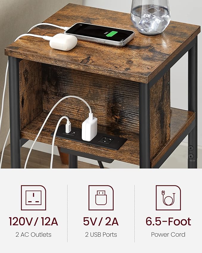 VASAGLE Side Table with Charging Station, 3-Tier End Table with USB Ports and Outlets, Nightstand for Living Room, Bedroom, 11.8 x 13.4 x 22.8 Inches, Plug-in Series, Rustic Brown and Black
