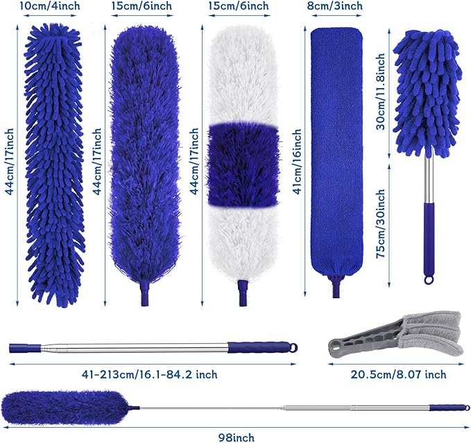9PCS Dusters for Cleaning,Extendable Microfiber Duster with Extension Pole Up to 100'',Bendable Washable and Reusable Dusters Kit for Ceiling Fans, Blinds, High Ceilings, Furniture,Cars